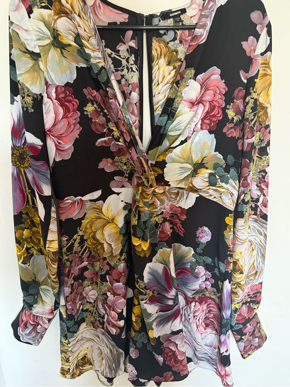 Express Black Floral Twist-Front V-Neck Romper with Multicolor Blooms